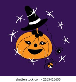 cute pumpkin composition in a hat on dark background