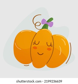 Cute pumpkin. Coquettish pumpkin. Postcard, poster of autumn colors for Halloween, Thanksgiving. For posters, greeting cards, banners, textiles, gifts, t-shirts, mugs. Vector isolated illustration.