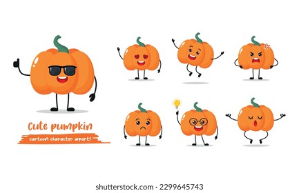 cute pumpkin different activity face emotion. vegetable with many activity vector illustration flat design.