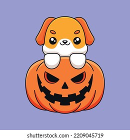 cute pumpkin dog halloween cartoon mascot doodle art hand drawn concept vector kawaii icon illustration