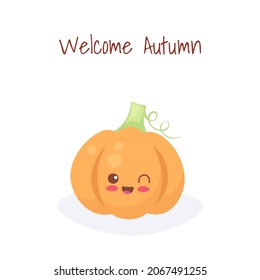 Cute pumpkin drawing in light colors. Use for fall season decoration, greeting card, fabric print, children poster. Adorable funny cartoon character in kawaii flat style. Thanksgiving healthy food.