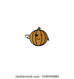 Cute Pumpkin Drink Milk  Cartoon Character Vector Illustration Design. Outline, Cute, Funny Style. Recomended For Children Book, Cover Book, And Other.