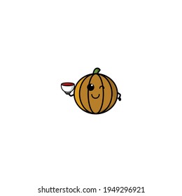 Cute Pumpkin Eat Soup  Cartoon Character Vector Illustration Design. Outline, Cute, Funny Style. Recomended For Children Book, Cover Book, And Other.