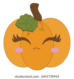 Cute pumpkin with eyes and eyelashes and blush, with leaves and curls, vector