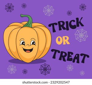 Cute pumpkin with face in groovy style with text trick or treat