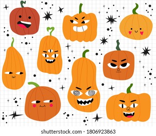 Cute pumpkin face vector illustration. Halloween kids, nursery pumpkin scary spooky characters. Autumn holiday celebration.