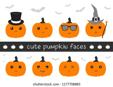 Cute pumpkin faces emoticon set with different faces and hats. Halloween emoji set.
