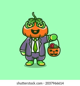 cute pumpkin frog brings halloween candy, suitable for helloween t-shirt designs or cute halloween animal key chains