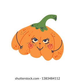 Cute Pumpkin with Funny Face, Adorable Vegetable Cartoon Character Vector Illustration