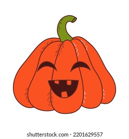 Cute pumpkin with funny face. Halloween element. Vector illustration in hand drawn style