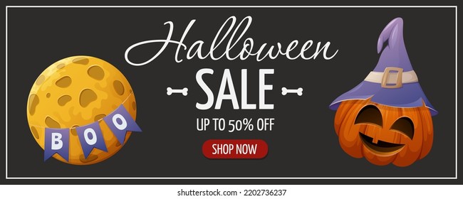 Cute Pumpkin With Funny Face And Witch Hat. Fool Moon With Flags And Text Boo. Halloween Sale. Vector Illustration. For Banner, Store, Sale. Horizontal Template, Dark Background. 