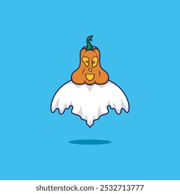 Cute Pumpkin Ghost Cartoon Vector Icon Illustration. People Holiday Icon Concept Isolated Premium Vector. Flat Cartoon Style