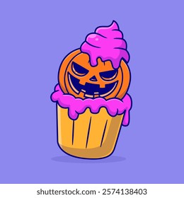 Cute Pumpkin Ghost In Cupcake Cartoon Vector Icon 
Illustration. Food Holiday Icon Concept Isolated Premium 
Vector. Flat Cartoon Style 