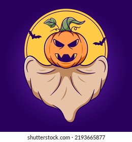 Cute pumpkin ghost, funny halloween cartoon illustration