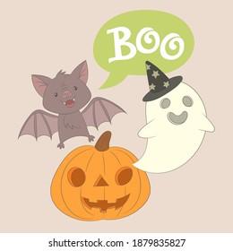 Cute pumpkin, ghost with witch hat, kawaii style bat saying boo for Halloween party.