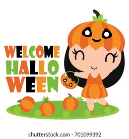 Cute pumpkin girl in pumpkins garden vector cartoon illustration for halloween card design, wallpaper and kid t-shirt design