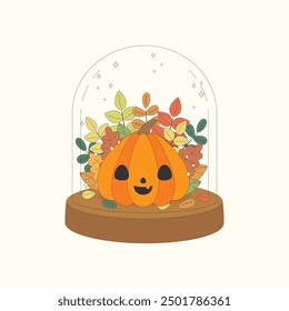 cute pumpkin in the glass cloche for halloween night, vector illustration