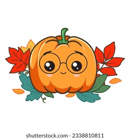 Cute pumpkin in glasses character with a autumn leaves. Vector illustration isolated on white background