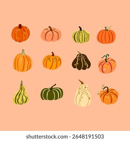 Cute Pumpkin and Gourd Clipart Set for Autumn and Thanksgiving in Cozy Earthy Tones