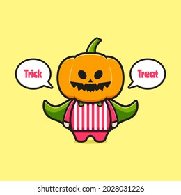 Cute pumpkin halloween saying trick or treat cartoon icon illustration. Design isolated flat cartoon style