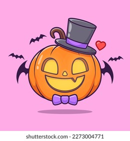 Cute Pumpkin Hallowen Dracula With Bat Cartoon Vector Icon Illustration. Food Holiday Icon Concept Isolated Premium Vector. Flat Cartoon Style