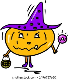 Cute pumpkin in a hat and with sweets. hand drawn vector illustration 