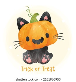 cute pumpkin head balck cat Halloween watercolor hand drawn illustration vector