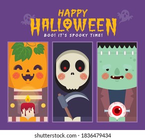 Cute pumpkin head, bloody candle, grim reaper, scythe, Halloween monster and red eyeball flat design. Halloween cartoon character design for sticker, label, tag, greeting card, graphic print, etc.