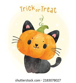 cute pumpkin head face black cat Halloween watercolor hand drawn illustration vector