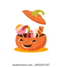 cute pumpkin head with halloween sweets. cute pumpkin on white background with sweets