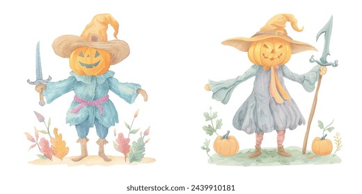 cute pumpkin head scarecrow holding dagger watercolour vector 