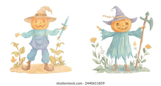 cute pumpkin head scarecrow holding dagger watercolour vector illustration 