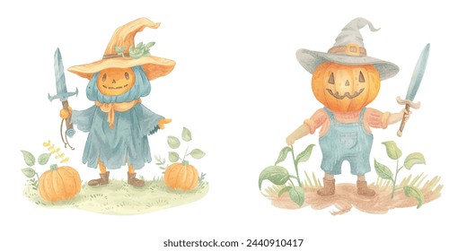 cute pumpkin head scarecrow holding dagger watercolour vector illustration