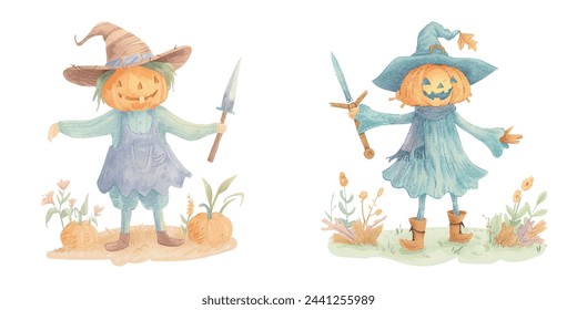 cute pumpkin head scarecrow holding dagger watercolour vector illustration 