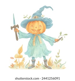 cute pumpkin head scarecrow holding dagger watercolour vector illustration 