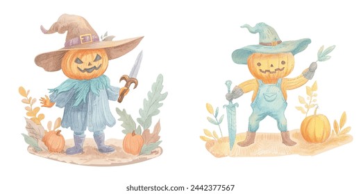 cute pumpkin head scarecrow holding dagger watercolour vector illustration 