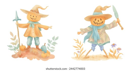 cute pumpkin head scarecrow holding dagger watercolour vector illustration 