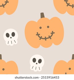 cabeça de abóbora bonito com padrão sem emenda de crânio para papel de parede de fundo halloween