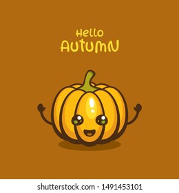 Cute pumpkin with "Hello autumn" lettering. Template for season decoration and card with funny cartoon character.