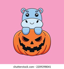 cute pumpkin hippo halloween cartoon mascot doodle art hand drawn concept vector kawaii icon illustration