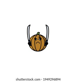 Cute Pumpkin Hold Katana  Cartoon Character Vector Illustration Design. Outline, Cute, Funny Style. Recomended For Children Book, Cover Book, And Other.