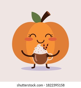 Cute pumpkin holding a mug of pumpkin spice latte with whipped cream. Flat vector cartoon illustration.