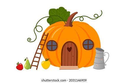 Cute pumpkin house, adorable autumn illustration, isolated flat vector illustration on white background