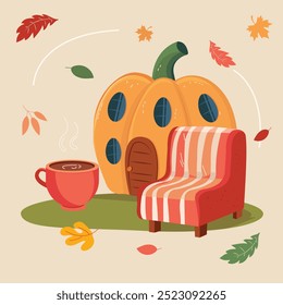 Uma linda casa de abóbora com uma cadeira confortável ao lado e uma xícara de café aromático. Hora do outono. Ilustração de desenho animado plano vetorial.
