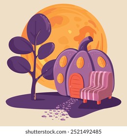 A cute pumpkin house with windows and an armchair next to it against the backdrop of a big moon. Vector cartoon illustration for Halloween.
