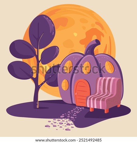 A cute pumpkin house with windows and an armchair next to it against the backdrop of a big moon. Vector cartoon illustration for Halloween.
