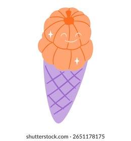 Cute pumpkin ice cream cone with a smiling face, isolated on white. A sweet treat for autumn and Halloween