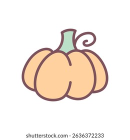 Cute pumpkin icon. Cute hand drawn illustration of an orange gourd with green stem on white background. Kawaii autumn sticker. Vector 10 EPS
