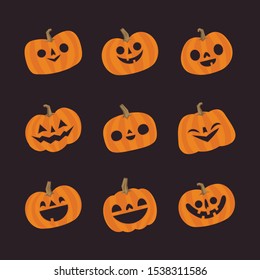 Cute pumpkin illustrations set. Happy cute characters for Halloween.