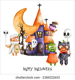 Cute pumpkin kids and Halloween Haunted house. Happy Halloween, watercolor vector illustration
